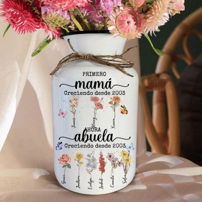 Florero de nacimiento de primera mamá ahora abuela con nombre de niños, regalos personalizados para mamá, abuela, regalos del día de la madre