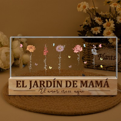 Jardín personalizado de mamá, flor de nacimiento, el amor crece aquí, regalos de luz nocturna de madera para mamá, abuela, ideas de regalos para el día de la madre