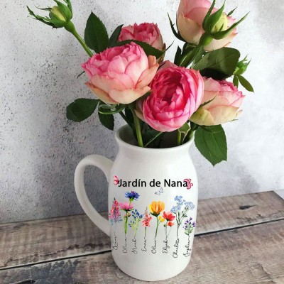 Impresión artística de acuarela personalizada: Jarrón familiar con flores de nacimiento del jardín de la abuela y nombres de los nietos. Regalo de cumpleaños único para la abuela. Ideas de regalo para el Día de la Madre.