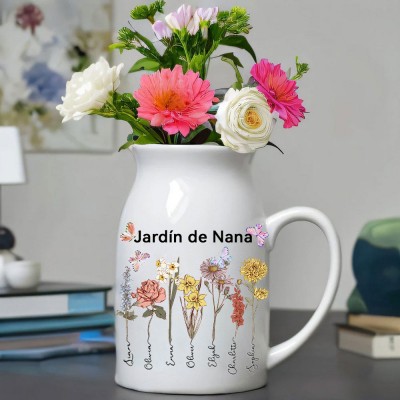 Impresión artística personalizada: Jarrón familiar con flores de nacimiento del jardín de la abuela y nombres de los nietos. Regalos únicos para la abuela, recuerdo de cumpleaños de mamá, ideas de regalo para el Día de la Madre.