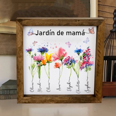 Marco de Flores de Nacimiento Personalizado para el Jardín de Mamá - Letrero con Nombres Personalizados - Regalos Familiares Únicos para Mamá, Abuela - Idea de Regalo Perfecta para el Día de la Madre