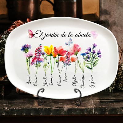Bandeja de jardín personalizada para la abuela impresa con los nombres de los nietos y flores de nacimiento, placa de arte familiar, regalo para mamá, abuela, ideas únicas de regalos para el día de la madre, regalo para el embarazo de mamá
