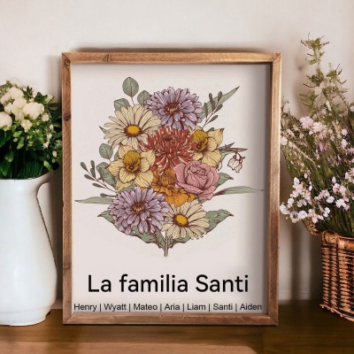 Lámina de arte personalizada "Ramo del Mes de Nacimiento" con nombres de niños, marco de madera, regalo personalizado para mamá o abuela, regalo único para el Día de la Madre.