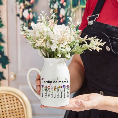Impresión artística personalizada: Jarrón de flores de nacimiento con acuarela "Jardín de mamá" y nombres de niños. Regalo familiar único. Regalo de cumpleaños para mamá, abuela, ideas de regalo para el Día de la Madre.