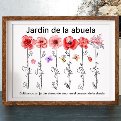 Marco de Madera Personalizado con Flor de Nacimiento para el Jardín de la Abuela - Regalo Único de Cumpleaños para Mamá/Abuela - Ideas para el Día de la Madre.