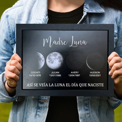 Marco personalizado con impresión de fase lunar de mamá con nombres, regalos familiares para mamá abuela