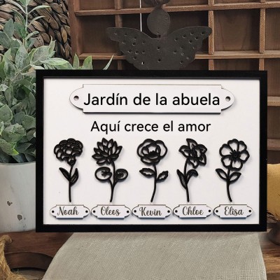 Letrero de Madera Personalizado 'El Jardín de la Abuela' con Nombres de Flores de Nacimiento y Nombres de Nietos - Regalo Familiar para Mamá o Abuela - Regalo Único para el Día de la Madre