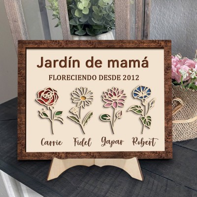 Marco de madera personalizado con flores de nacimiento "Jardín de Mamá en Flor" y nombres de los niños - Regalos familiares únicos para mamá, abuela, ideas de regalos para el Día de la Madre.