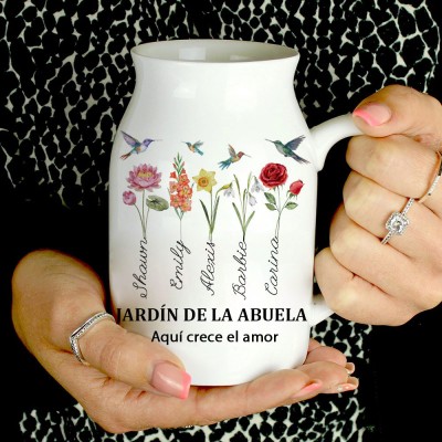 Jarrón familiar con flores de nacimiento del jardín de la abuela, con los nombres de los nietos. Regalos únicos de recuerdo de cumpleaños para mamá, abuela, ideas de regalos para el Día de la Madre.