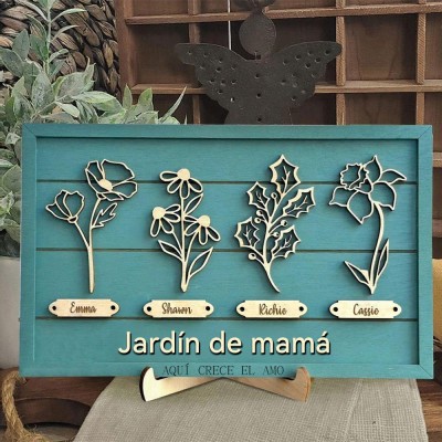Letrero Personalizado de Marco de Flores de Nacimiento de Madera "El Jardín de la Abuela" con Nombres de Nietos - Regalo Único de Cumpleaños para Mamá, Abuela, Regalo del Día de la Madre