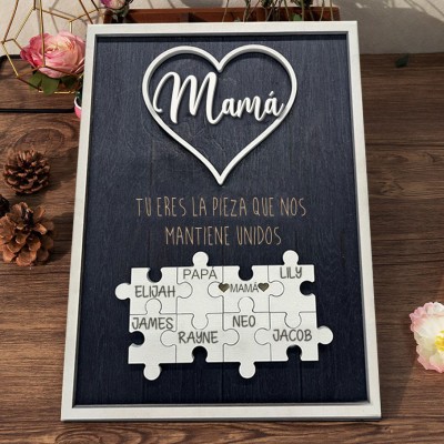 Rompecabezas personalizado para mamá, placa familiar con nombres, pieza que nos mantiene unidos, regalo único para mamá, abuela, ideas de regalos para el día de la madre