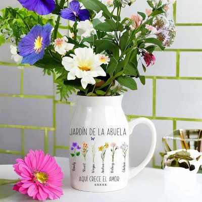 Jarrón familiar personalizado con flores de nacimiento para el jardín de la abuela con los nombres de los nietos. El amor crece aquí. Regalo único de cumpleaños para mamá, abuela, regalos para el Día de la Madre.