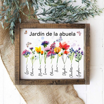 Letrero de marco de acuarela de flores de mes de nacimiento de jardín personalizado de la abuela con nombres de nietos, regalo único para mamá, abuela, ideas de regalos para el Día de la Madre.