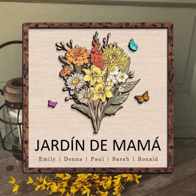 Cartel de marco de madera personalizado con nombre y flores de nacimiento del jardín de mamá en acuarela – Regalos familiares únicos para mamá, abuela – Regalo del Día de la Madre, Ideas de regalo de Navidad