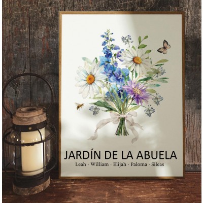Letrero enmarcado de ramo de flores de mes de nacimiento en acuarela personalizado del jardín de la abuela con nombres de los nietos, regalos únicos para mamá, abuela, regalo de cumpleaños, ideas de regalo de Navidad.