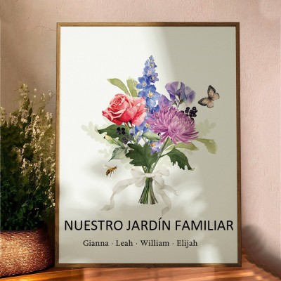 Letrero personalizado con marco de ramo de flores de nacimiento "Nuestro Jardín Familiar" con nombres de niños, regalos de recuerdo familiar para mamá y abuela, ideas únicas de regalos de Navidad.