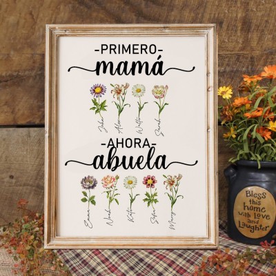 Primer regalo de mamá, ahora abuela, marco de madera personalizado con la flor del mes de nacimiento y los nombres de los niños. Regalo único de cumpleaños para mamá/abuela. Regalo de Navidad.