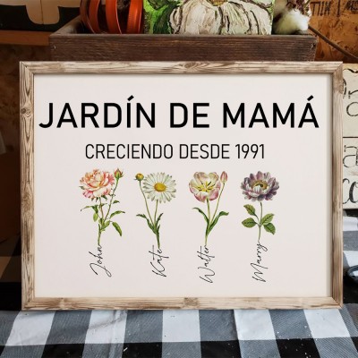 Cuadro Personalizado de Flores de Nacimiento Familiares, Marco Acuarela, Jardín de Mamá con Nombres de Niños, Regalo Único para Mamá, Abuela, Regalos de Navidad