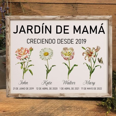Marco personalizado de acuarela 'El Jardín de la Abuela: El Amor Crece Aquí' con flores de nacimiento, nombres de niños y fecha. Regalo de cumpleaños para mamá o abuela. Regalos de Navidad únicos.