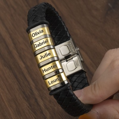 Pulsera de cuero para hombre personalizada con cuentas y nombres de niños. Ideas únicas de regalos para el día del padre, regalo familiar para papá para el esposo