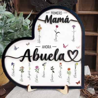 Cartel Personalizado de Madera Enmarcado con Flores de Nacimiento por Mes 'Primero Mamá, Ahora Abuela' para Jardín, con Nombres. Idea de Regalo Único para el Día de la Madre y la Familia.