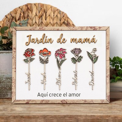 Letrero de marco de madera personalizado 'El Jardín del Amor de la Abuela Crece Aquí' con flores del mes de nacimiento y nombres de los niños, ideal para regalo del Día de la Madre, Abuela o Mamá.