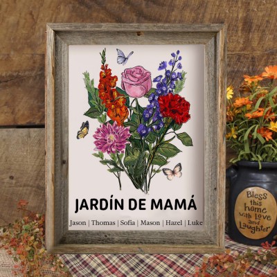 Marco de Flores de Nacimiento Personalizado 'El Jardín de Mamá' – Regalo Conmemorativo para Abuela, Mamá, Ideas de Regalo de Navidad
