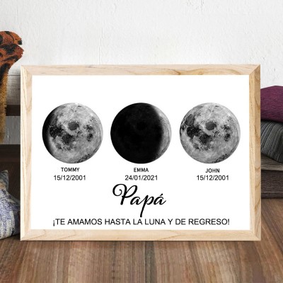 Papá, te amamos hasta la luna y más allá. Marco personalizado con impresión de fases lunares. Regalo de cumpleaños para papá. Ideas de regalo para el Día del Padre.