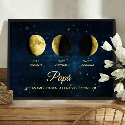 Marco personalizado con impresión de cielo estrellado y fases lunares para papá. Regalos familiares significativos. Regalo de cumpleaños para papá. Ideas de regalo para el Día del Padre.