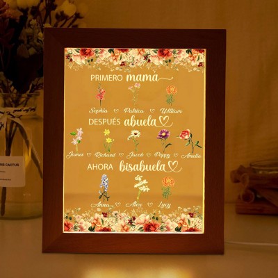 Luz de noche con marco de flores personalizado, primera mamá, luego abuela, ahora bisabuela, mes de nacimiento para mamá, abuela, regalo del Día de la Madre