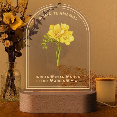 Luz de noche de flores personalizada con el mes de nacimiento y los nombres de los niños. Ideas de regalo para mamá, abuela, regalo para nueva mamá, regalos para el Día de la Madre.