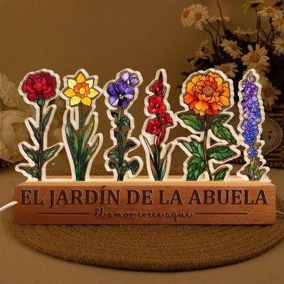 Luz de noche personalizada con flores de nacimiento para el jardín de la abuela con los nombres de los nietos. Regalos únicos para la abuela, mamá, regalo del Día de la Madre.