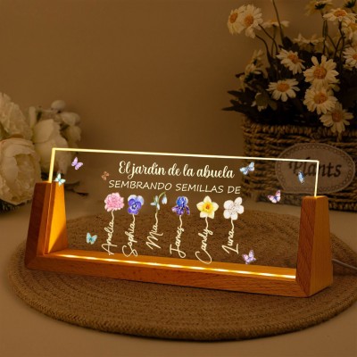 Luz de noche con flores para el mes de nacimiento del jardín de la abuela con nombres de niños, regalos personalizados para la abuela, mamá, regalo del Día de la Madre