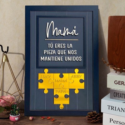 Letrero de madera personalizado para mamá: pieza de rompecabezas que nos une, regalo para el Día de la Madre