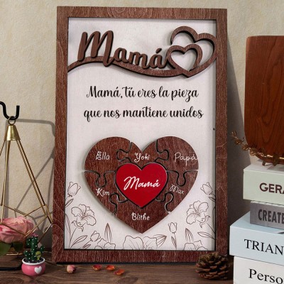Letrero de madera personalizado con forma de pieza de rompecabezas para mamá con nombres de niños. Ideas de regalo para mamá. Regalo para mamá primeriza. Regalos para el Día de la Madre.