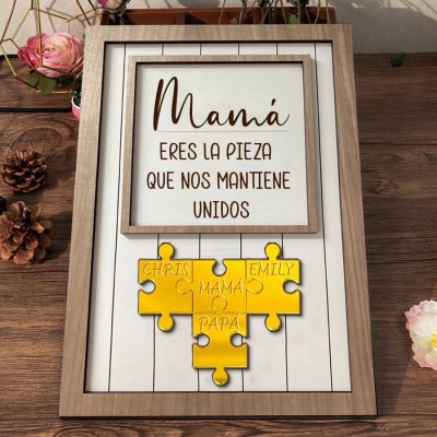 Signo acrílico personalizado de madre: 'Eres la pieza que nos mantiene unidos' con los nombres de los niños. Regalo de cumpleaños único para mamá o abuela, regalo de baby shower, ideas de regalos para el Día de la Madre.