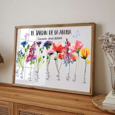 Letrero personalizado con estampado floral de jardín de la abuela con nombres de nietos y marco de madera, regalo de arte familiar único para mamá, abuela, ideas de regalo para el día de la madre