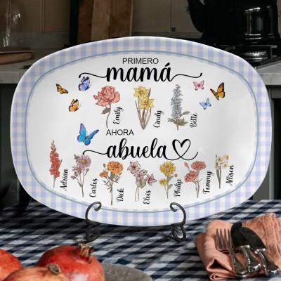 Bandeja de cocina personalizada 'Primera mamá, ahora abuela' impresa con los nombres de los niños y las flores de nacimiento. Un regalo artístico único para el cumpleaños de mamá y abuela, ideas de regalos para el Día de la Madre