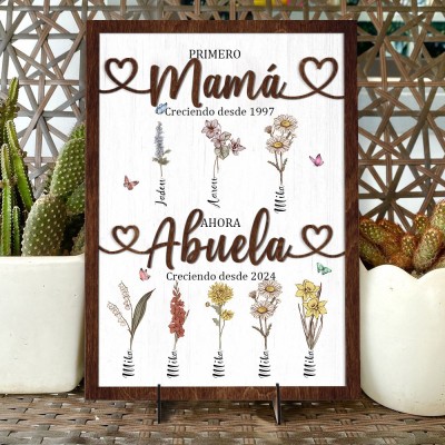 Impresión personalizada 'Primera mamá, ahora abuela' con flores de nacimiento, cartel en marco de madera con los nombres de los niños. Arte familiar único, regalo de cumpleaños para mamá/abuela, ideas de regalos para el Día de la Madre.