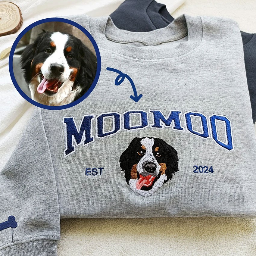 Sweat-shirt à capuche brodé personnalisé avec photo de visage de chien et date, cadeau unique pour les amoureux des animaux