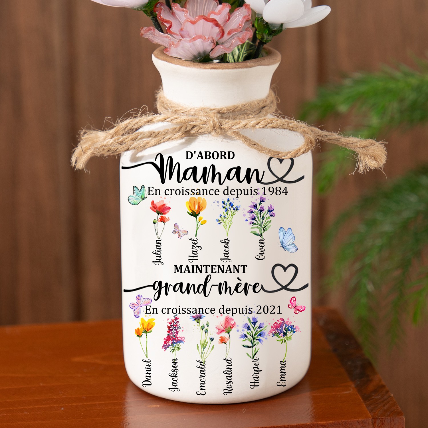 Personnalisé première mère maintenant grand-mère Vase de fleurs de naissance pour maman grand-mère cadeau de fête des mères