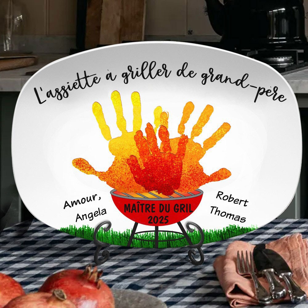 Assiette à griller personnalisée grand-père avec impression de main cadeaux fête des pères