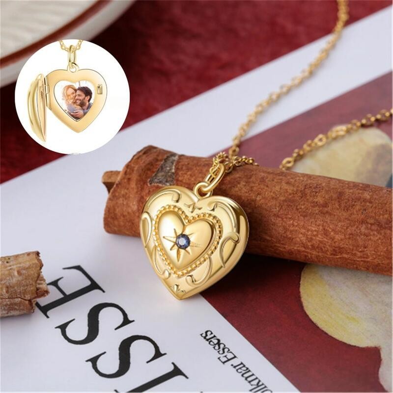 Collier Photo en Forme de Cœur Personnalisé avec Pierre de Naissance Cadeau Romantique pour la Saint-Valentin