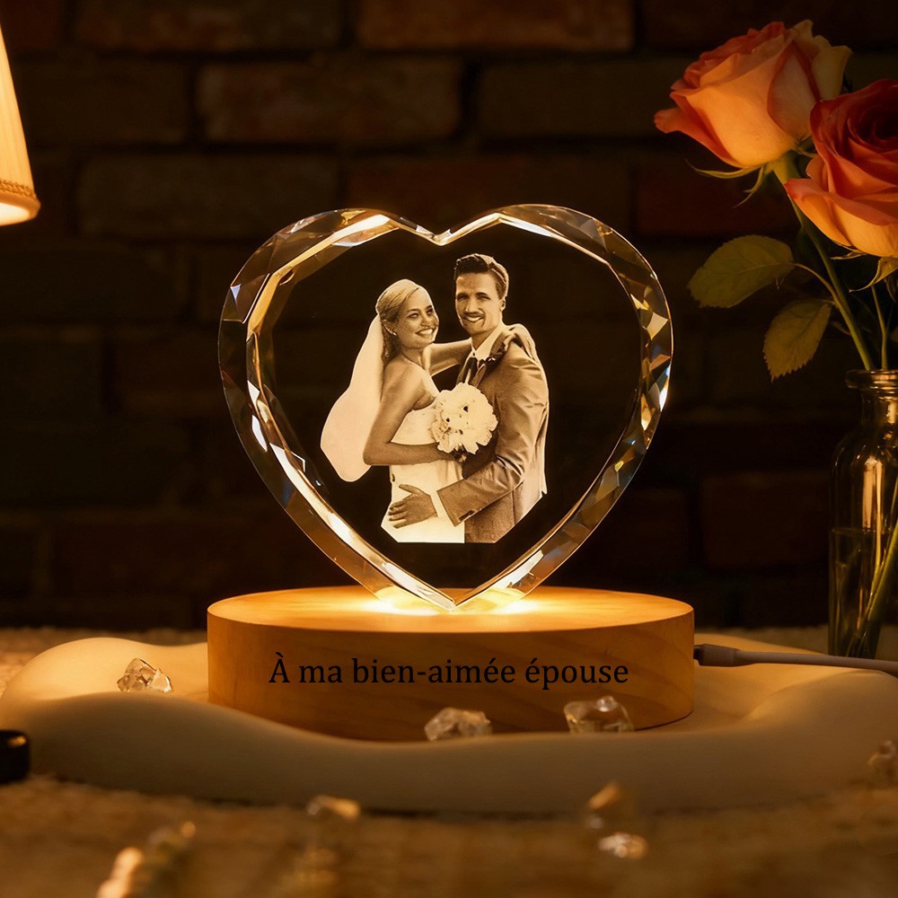 Luminaire Photo Portrait 3D Cristal Cœur Personnalisé avec Socle Cadeaux pour Épouse Idées Cadeau d'Anniversaire Cadeau de Noël
