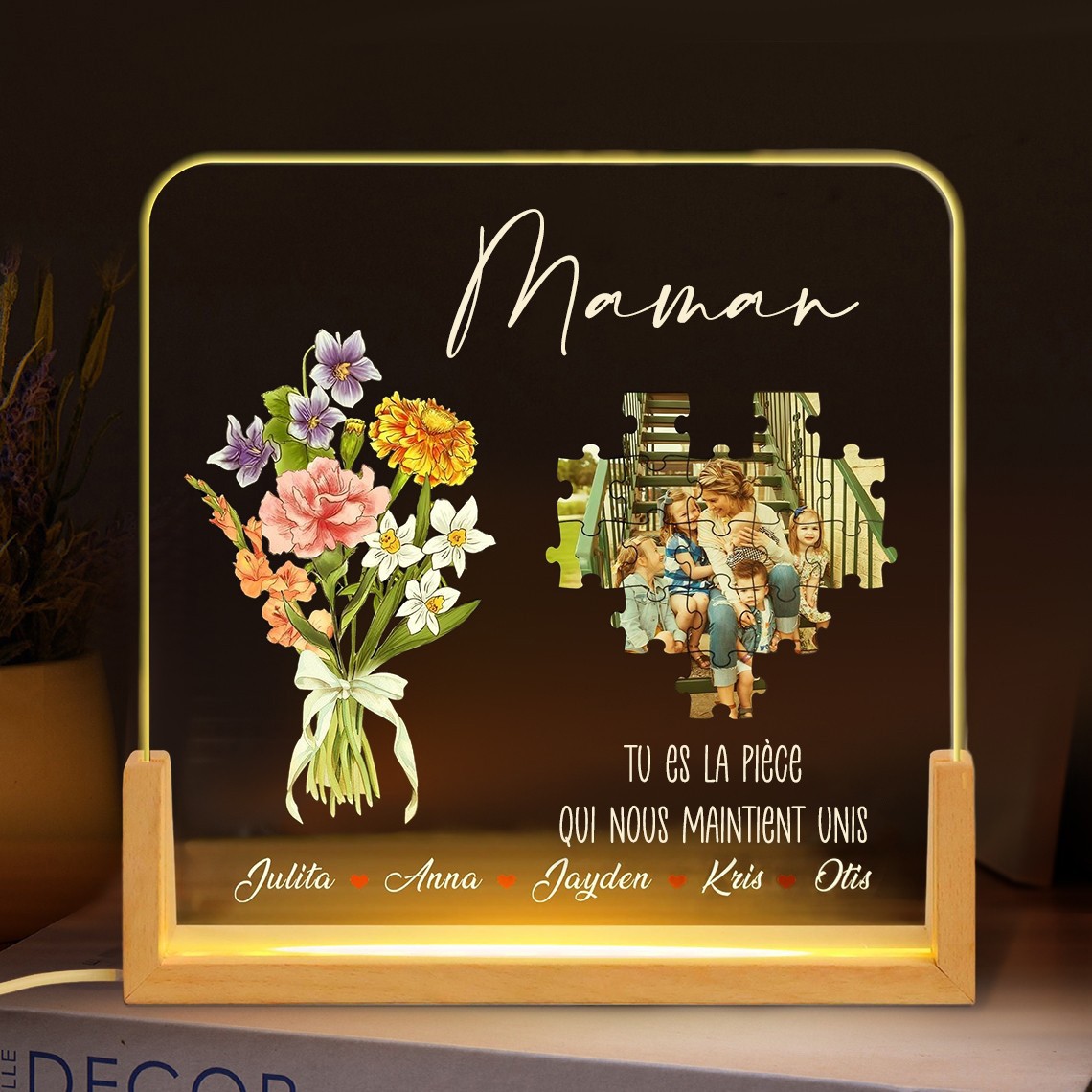 Puzzle Photo Personnalisé avec la Fleur du Mois de Naissance, Veilleuse Cadeau Souvenir pour Maman, Grand-Mère - Cadeau pour la Fête des Mères