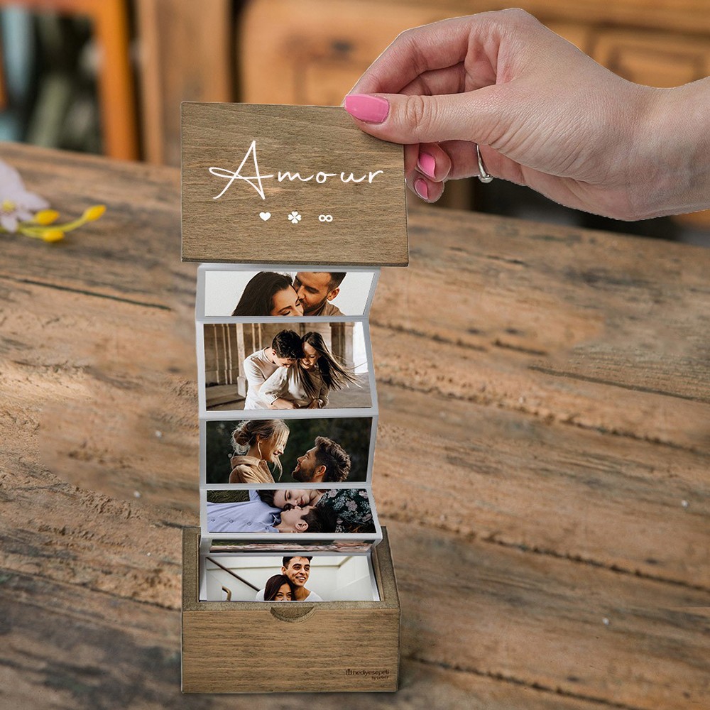 Boîte Photo en Bois à Tiroir Personnalisée Cadeau Souvenir pour Couples Cadeau d'Anniversaire Cadeaux Saint-Valentin pour Elle