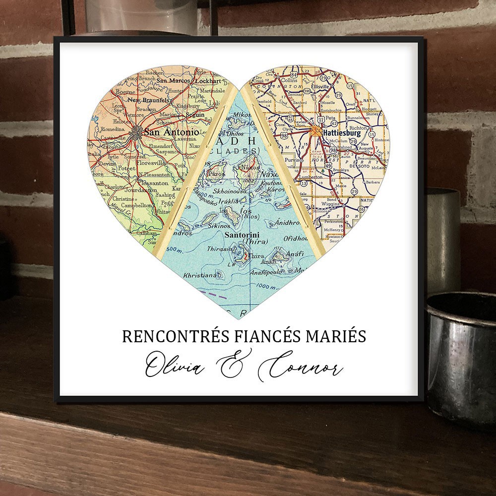 Cadre Imprimé Carte Aventure en Forme de Cœur Sur Mesure pour Couples Cadeau d'Anniversaire de Mariage Unique pour Mari et Épouse
