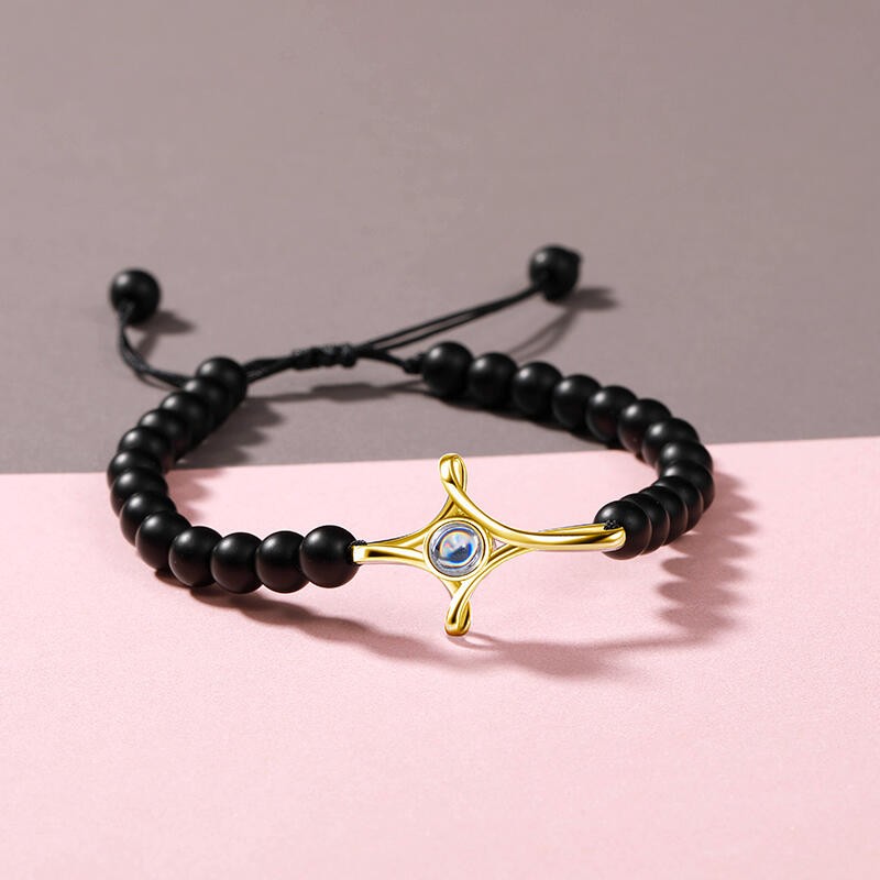 Bracelet à Projection Photo Personnalisé Perles Noires avec Croix