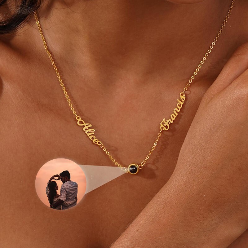 Collier à Projection Photo Personnalisé 2 Prénoms Cadeau Doux pour Couples