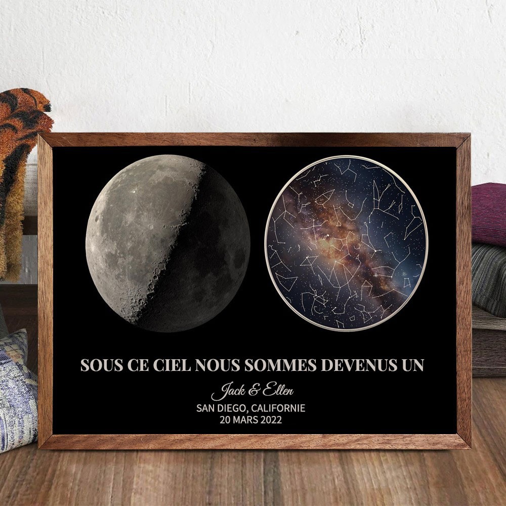 Cadre Personnalisé avec Carte du Ciel de Notre Nuit de Noces et Phases Lunaires Cadeaux Uniques pour les Couples
